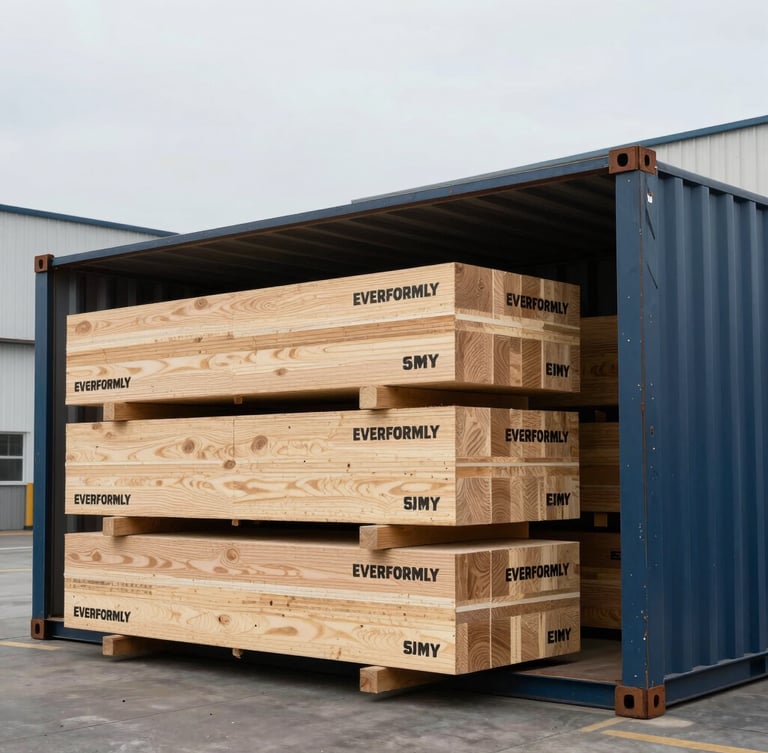 Industrial warehouse scene, clean container loading of structural plywood bundles branded with EVERFORMLY, cool high-contrast lighting, 35mm