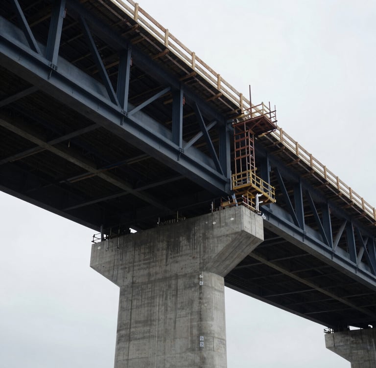 Low-angle architectural shot of a massive concrete bridge under construction with structural timber formwork visible, cool overcast daylight, desaturated steel and deep navy tones, 35mm