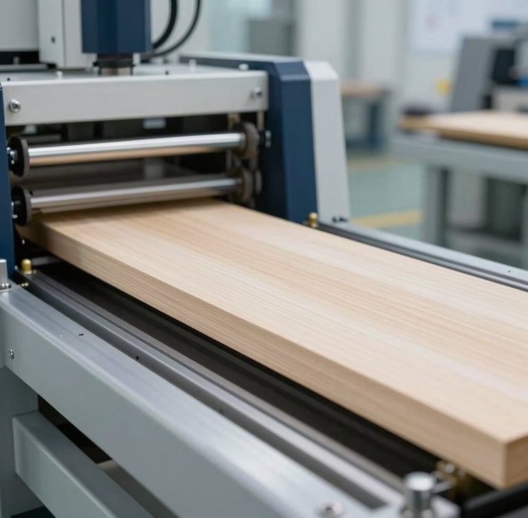 Close-up of high-tech factory stress-testing machinery measuring the load capacity of a structural timber panel, clean technical lighting, 35mm