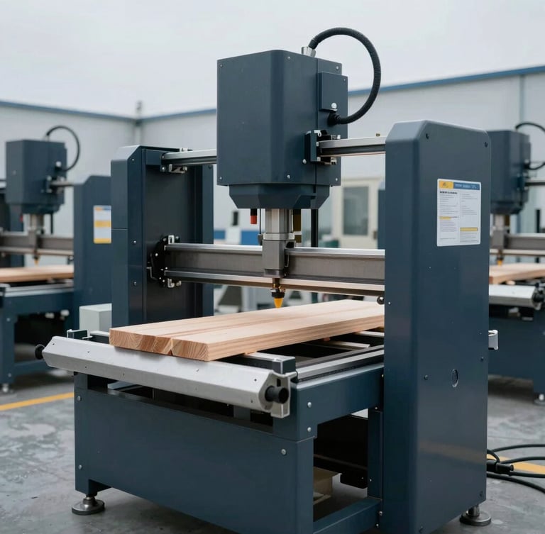 High-tech factory floor featuring automated timber stress-testing machinery, calibrating structural load tolerances under cool industrial lighting.