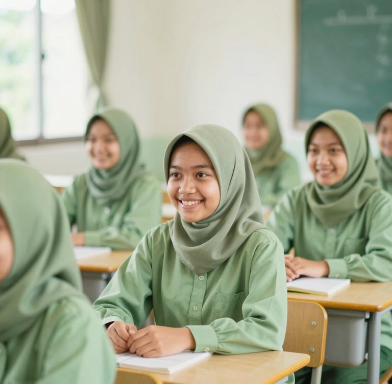 Bright editorial photography of Indonesian students in clean green uniforms smiling inside a modern Islamic classroom, soft natural daylight, shallow depth of field