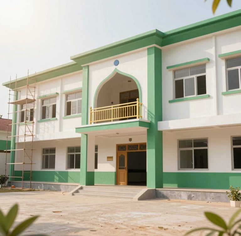 Bright editorial photography of a newly constructed Islamic boarding school building under soft sunlight, clean green accents, scaffolding visible on one side, hopeful atmosphere.