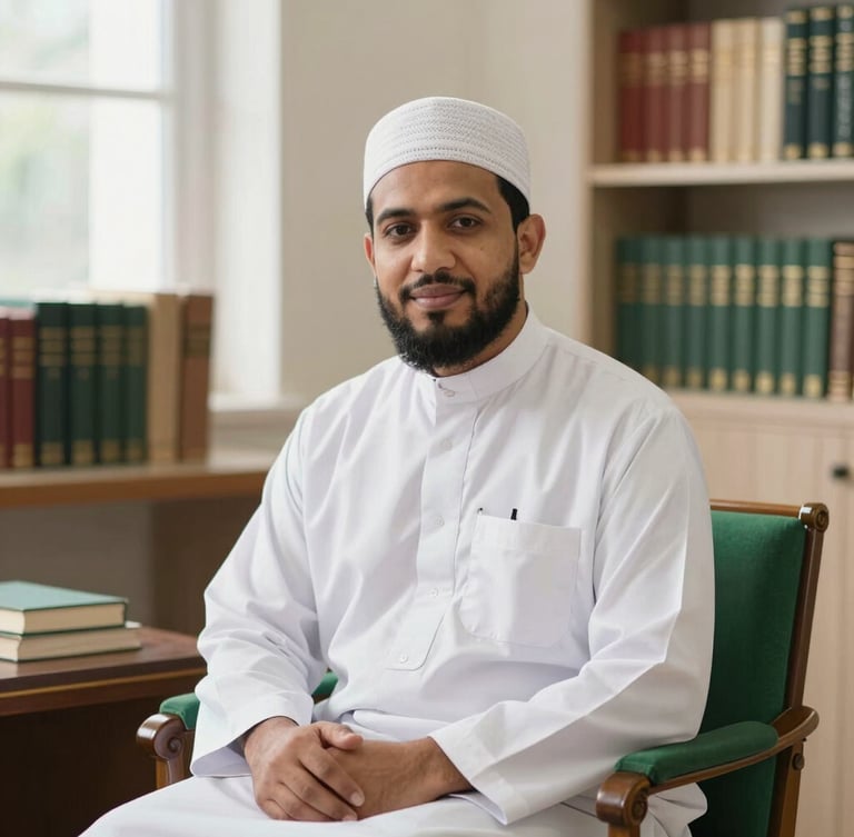 Professional portrait of an Islamic scholar in clean white and green attire, sitting in a bright airy study room with bookshelves, warm natural lighting.