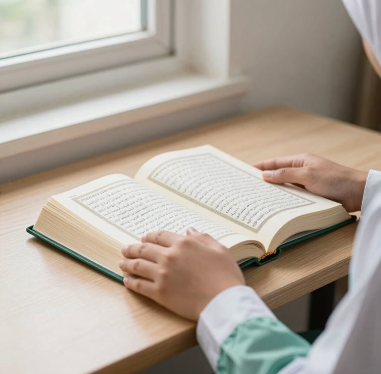 A close-up of hands of a Muslim student holding an open Quran on a wooden desk, soft natural light streaming from a window, clean green and white uniform sleeve visible, shallow depth of field, warm and peaceful atmosphere.