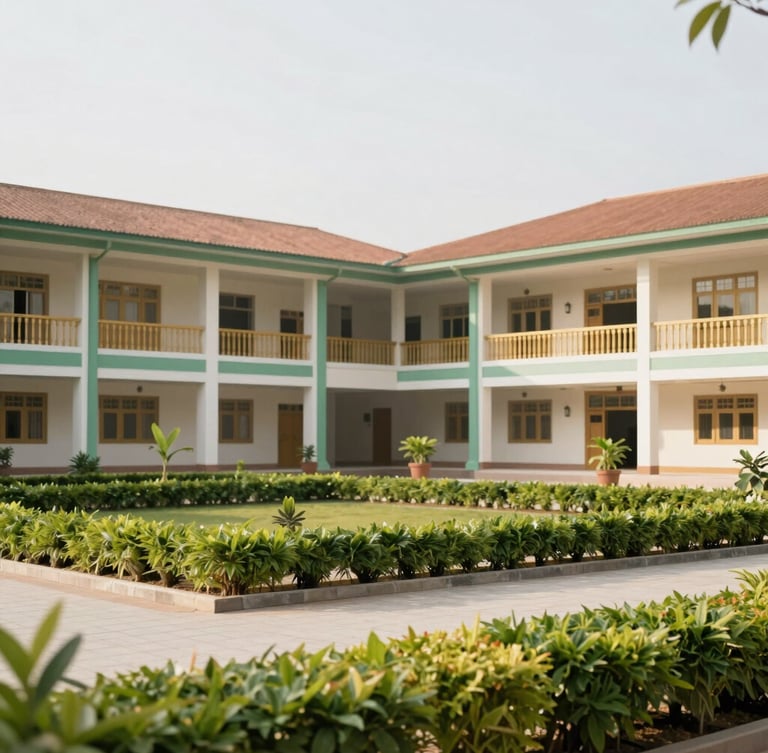 Bright editorial photography of a modern Islamic boarding school building with green gardens, soft natural daylight, wide shot.