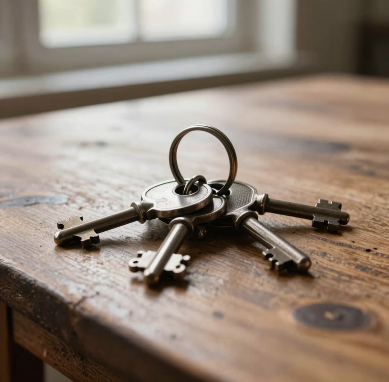 Close-up of a heavy ring of iron keys resting on a rustic oak table, soft morning light from a side window, elegant architectural texture