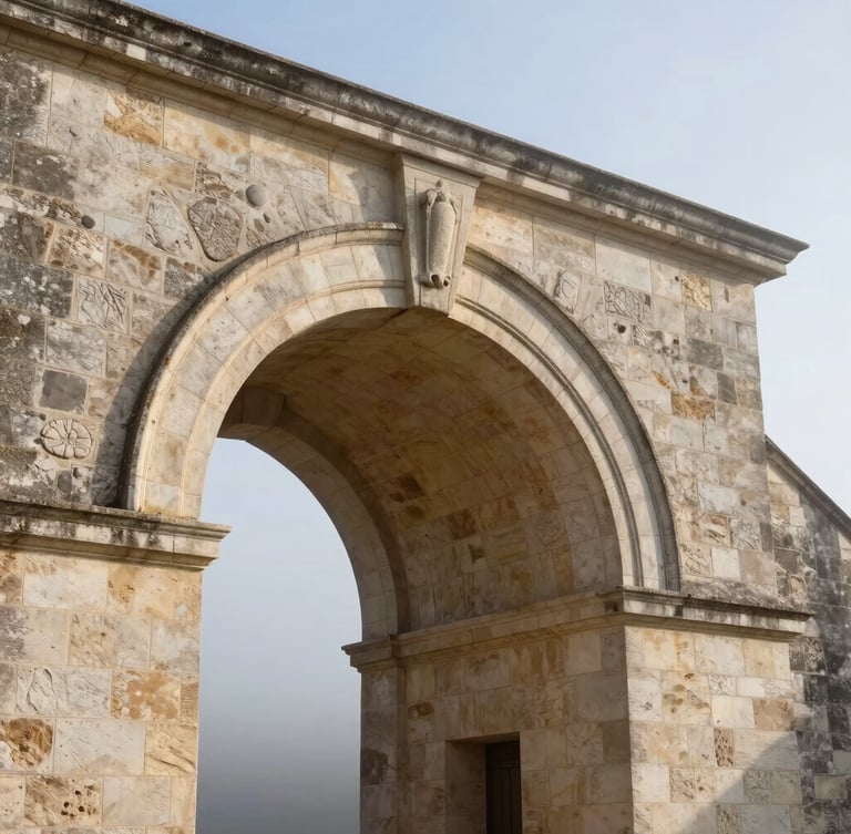 Architectural detail of a grand stone archway of a château in Nouvelle-Aquitaine, morning mist, clean lines, high-contrast natural light, editorial framing