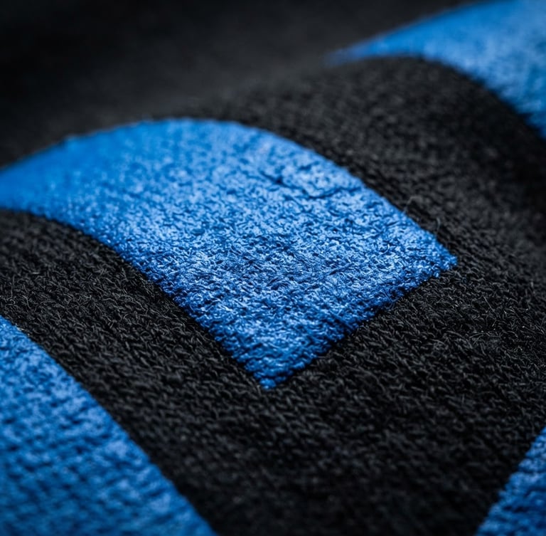 Close-up of high-quality electric blue ink texture printed on a heavy black cotton hoodie, dramatic studio rim lighting, macro 35mm photography
