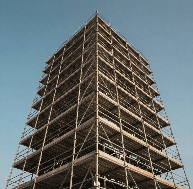 Low-angle industrial shot looking up at a massive, perfectly aligned structural scaffolding system against a clear blue Abu Dhabi sky, highlighting metallic joints and safety rails.