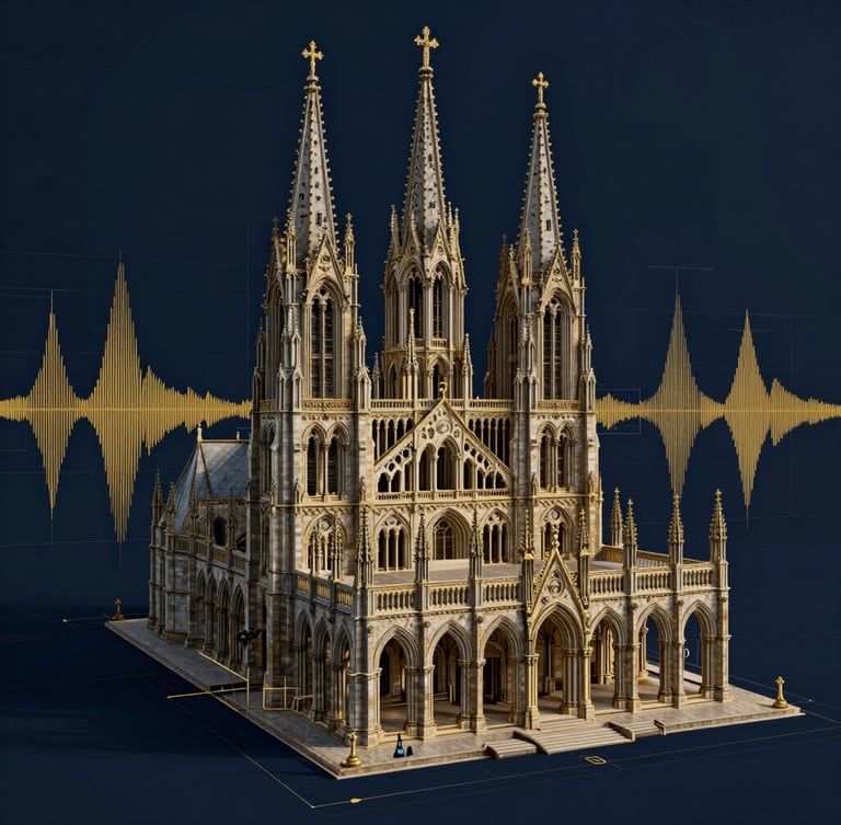 Detailed architectural blueprint of a church sanctuary overlaid with technical 3D sound wave simulation mapping, gold lines on deep navy background
