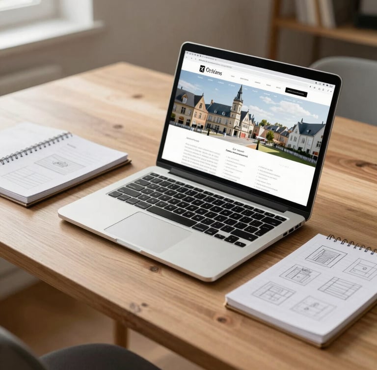 Soft natural daylight illuminating a modern wooden desk in Orléans, a laptop displaying a clean website layout, a notebook with hand-drawn wireframes nearby, warm and human atmosphere