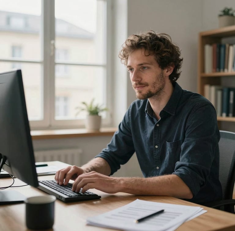 Portrait chaleureux d'un créateur de sites internet dans son bureau lumineux à Orléans, lumière naturelle, ambiance professionnelle et humaine, plan moyen.