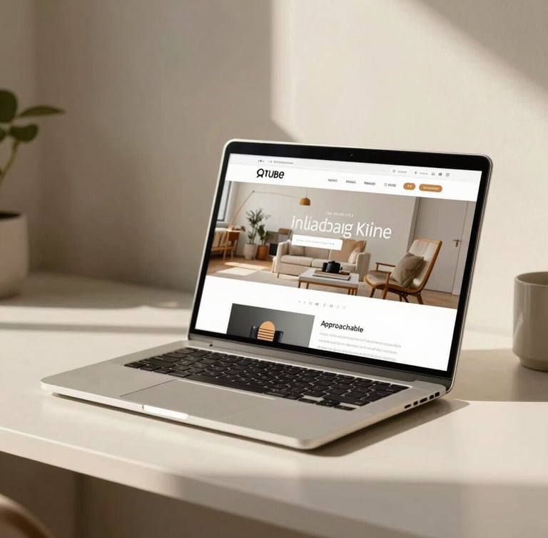 Approachable workspace with a modern laptop showing a clean website layout, warm natural morning light, soft shadows, cream background.