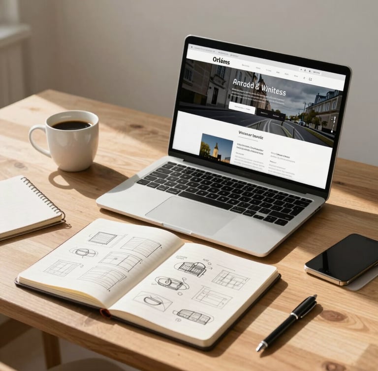 A clean, sunlit wooden workspace in Orléans with a laptop displaying a modern website mockup, a notebook with hand-sketched wireframes, and a warm cup of coffee nearby, shot in a soft natural daylight setting.