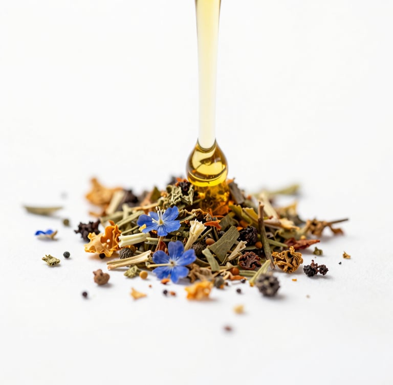 Macro close-up of crushed botanical herbs and dripping golden oil under bright natural daylight, high-key white studio background, 35mm lens