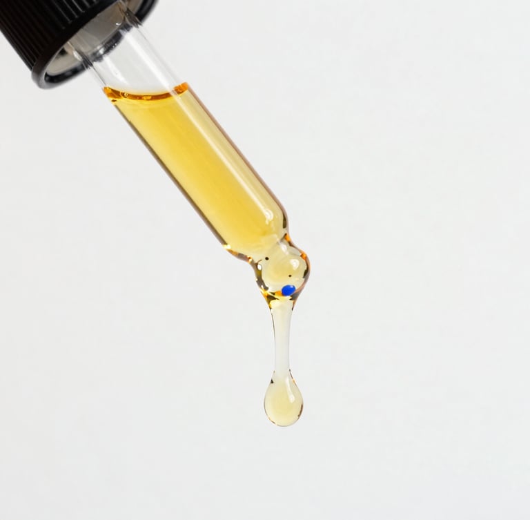 Macro close-up of golden cold-pressed botanical oil dripping from a minimalist glass dropper, bright high-key daylight, clean white background, 35mm lens