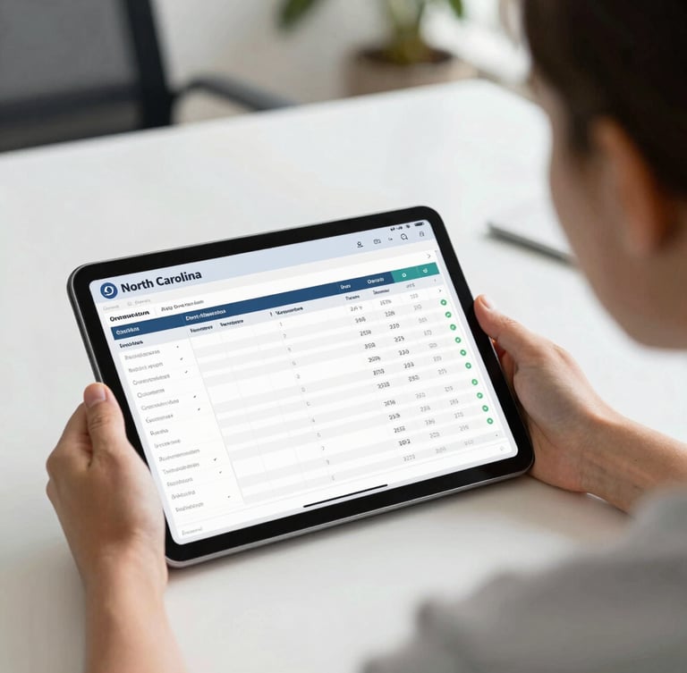 Over-the-shoulder shot of a small business owner reviewing a clean digital payroll dashboard on a tablet, bright natural daylight, modern office setting in North Carolina.