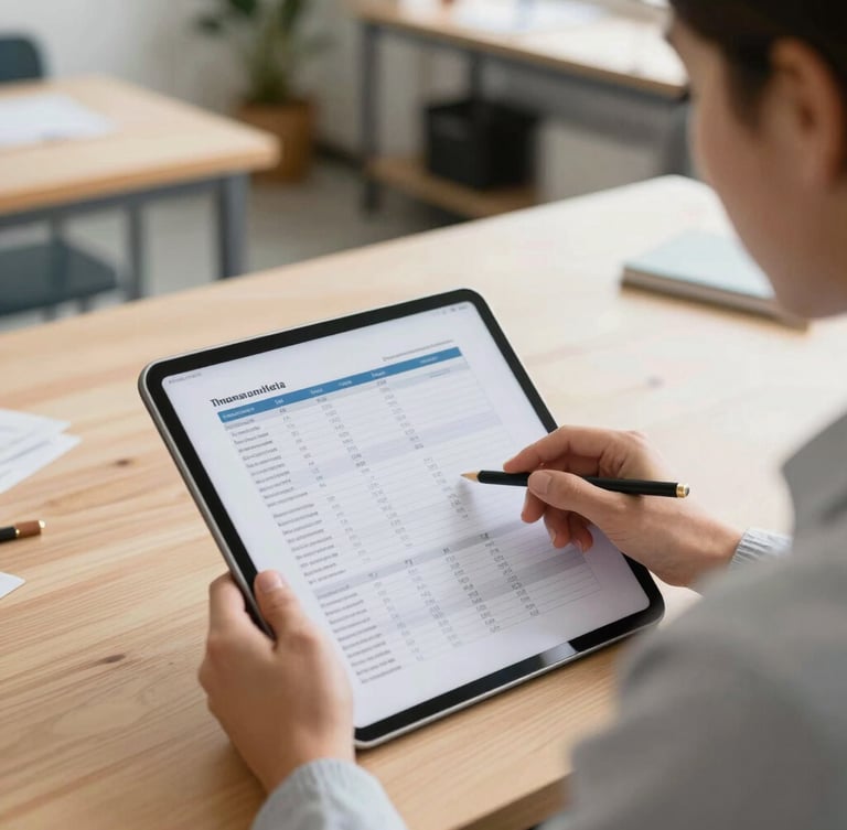 Wide environmental crop, bright natural daylight, over-the-shoulder view of a business owner reviewing clean financial spreadsheets on a tablet in a modern Thomasville workshop.
