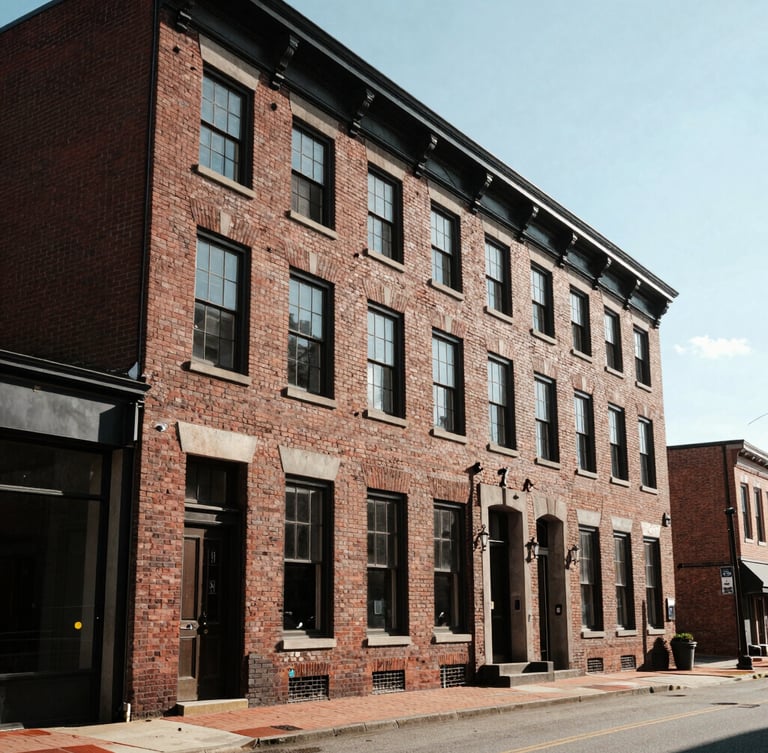 Wide-angle architectural perspective of a restored brick business district in North Carolina, sharp morning sunlight, clean geometric lines, high contrast.