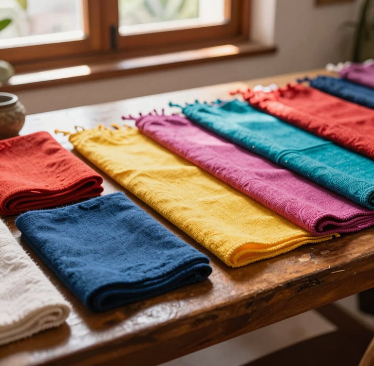Artisanal textile workshop in Mexico, colorful fabrics and threads on a wooden table, warm sunlight filtering through a window