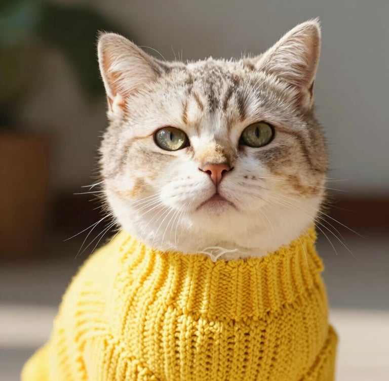 Close up portrait of a calm, happy cat wearing a bright handmade knitted sweater, soft natural daylight, warm editorial photography