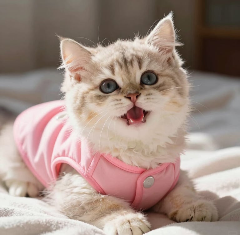 Close-up of a happy fluffy kitten wearing a soft pink custom-fit vest, resting on a cozy blanket, natural warm light, editorial style