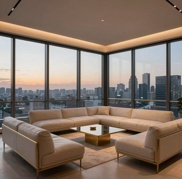 Wide architectural shot of a minimalist penthouse lounge at twilight, warm low-temperature brass accents, floor-to-ceiling windows overlooking a soft city skyline, empty clean leather seating.