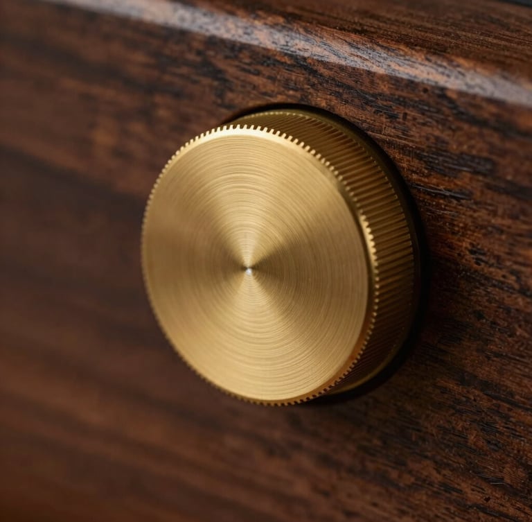 Macro shot of a high-end brushed brass analog audio dial on a dark textured walnut panel, soft warm lighting, shallow depth of field