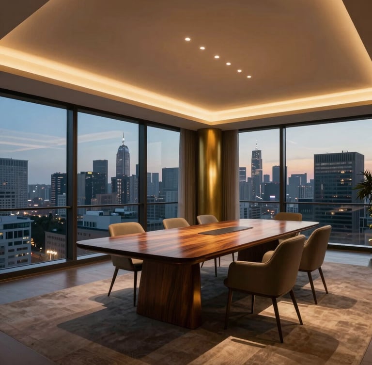 A wide cinematic architectural shot of a modernist penthouse boardroom overlooking a city skyline at twilight, low-key warm accent lighting, brushed brass and heavy walnut textures, deep shadows.