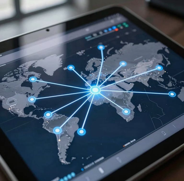 Macro close-up of a high-contrast logistics map on a tablet screen, glowing data-blue routes connecting global hubs, moody office lighting, 35mm