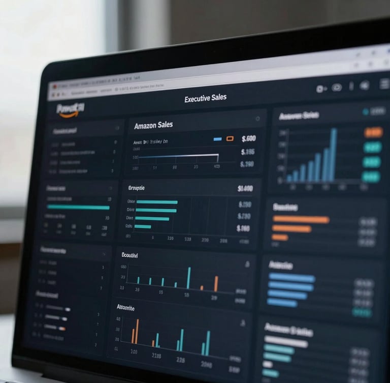 Close-up of a Power BI executive dashboard displaying complex Amazon sales and profitability metrics, sharp focus on data, moody office lighting, deep navy and cool gray tones, high contrast.