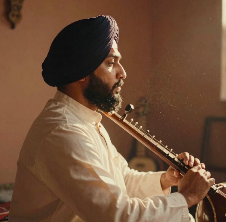 Candid cinematic side profile of a Sikh musician playing a rabab, warm sun-drenched indoor lighting, dust motes dancing in the golden light, intimate 35mm film aesthetic