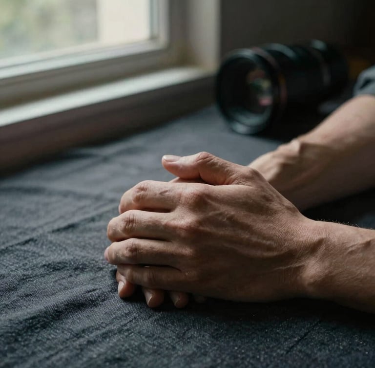 Cinematic portrait, 16:9 aspect ratio. Close-up of two hands gently intertwined on a dark linen surface, dramatic chiaroscuro side lighting from a window, visible film grain.