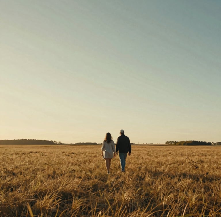 Cinematic warm golden hour light hitting a couple walking quietly through an open field, shot from a distance, 16:9 aspect ratio, subtle film grain, high contrast shadows.