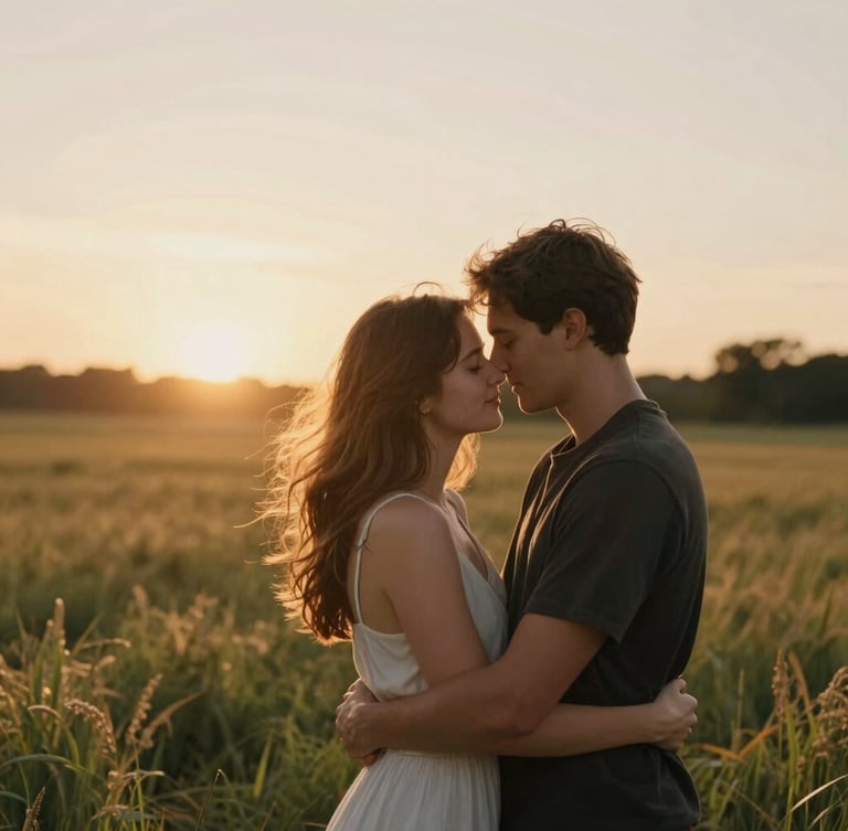 Cinematic 16:9 shot of a couple embracing in a field at golden hour, warm backlight, subtle film grain, soft focus
