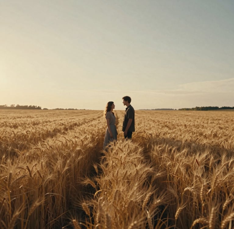 Cinematic wide shot of a couple standing in a golden wheat field at golden hour, low horizon, dramatic long shadows, warm hazy sunlight, analog film grain.