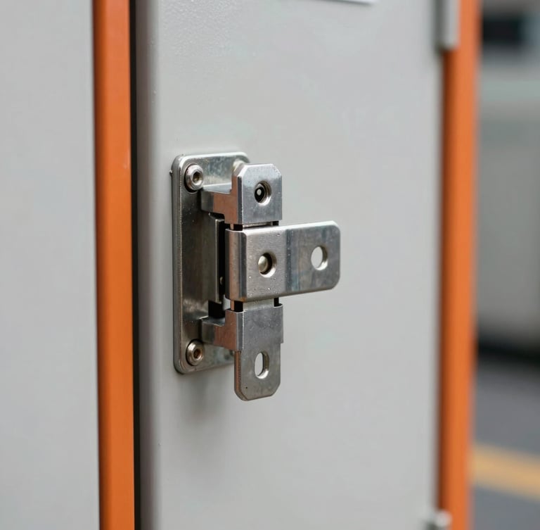 Close-up of a heavy-duty stainless steel locking mechanism on a pristine storage unit door, sharp safety-orange accents visible on the frame, bright daylight-balanced lighting.