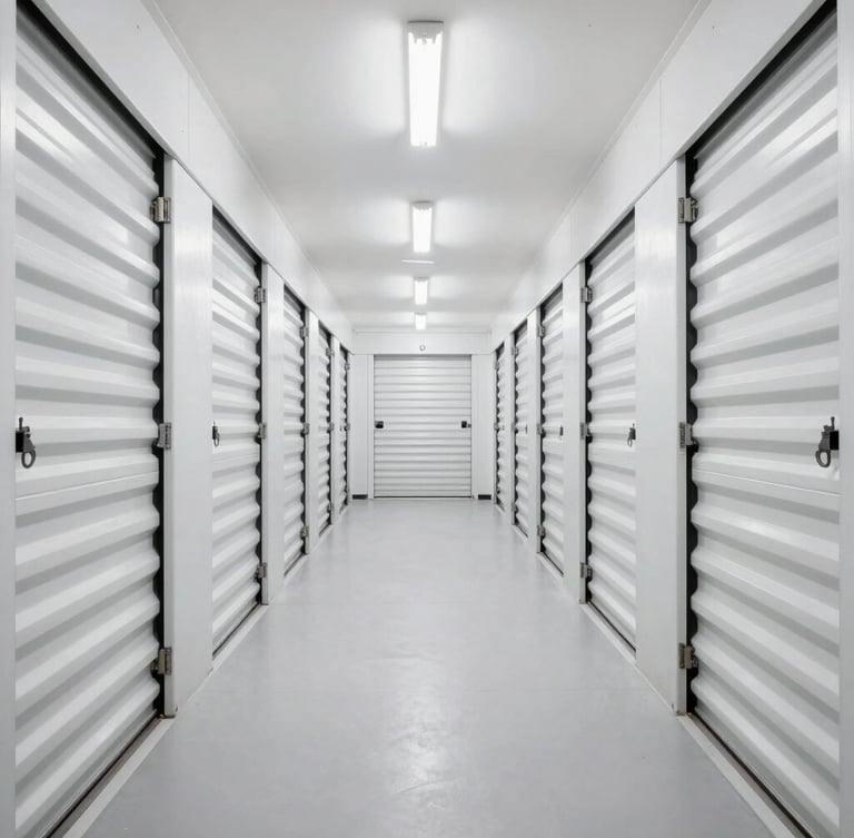 Symmetrical wide-angle view of a pristine, brightly lit storage corridor with heavy-duty steel doors under daylight-balanced lighting, vanishing point in center.