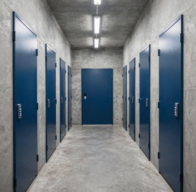 Symmetrical wide-angle view of a pristine, brightly lit self-storage corridor in JLT, featuring clean concrete gray walls, secure navy blue locker doors, and a high-security electronic keypad glowing near the entrance.