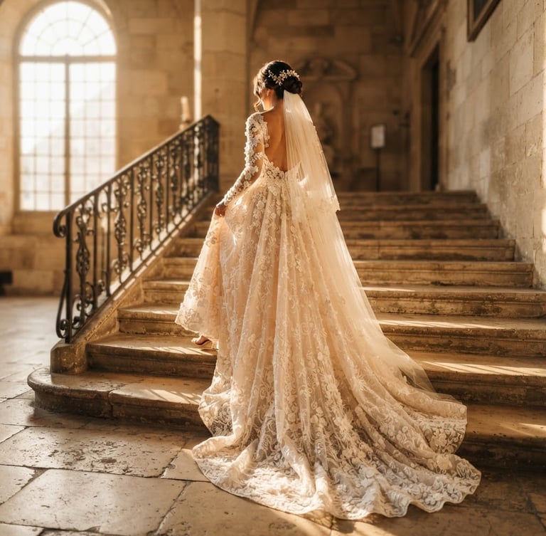 Dramatic wide shot of a cathedral-length lace wedding gown cascading gracefully, soft golden-hour window light, warm ivory and champagne tones, shallow depth of field, 85mm