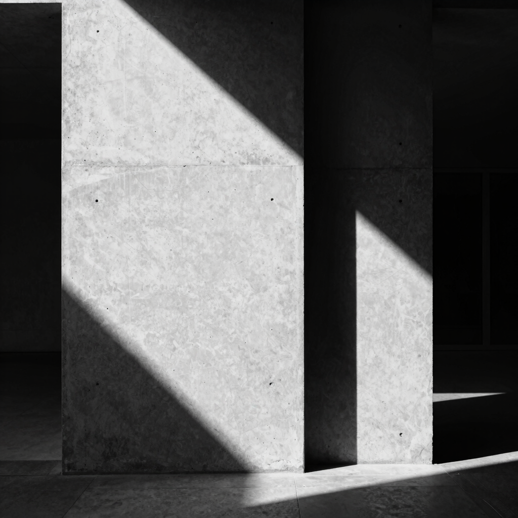 Stark architectural concrete column casting a sharp diagonal shadow, high-contrast monochrome editorial fashion photography, 35mm lens