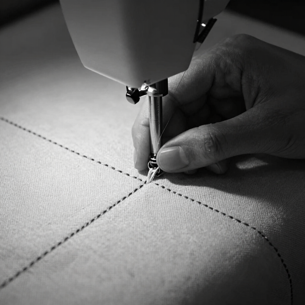 Extreme close-up of a hand sewing a structured wool seam, sharp directional studio lighting, deep shadows, minimalist monochrome tones, 35mm lens