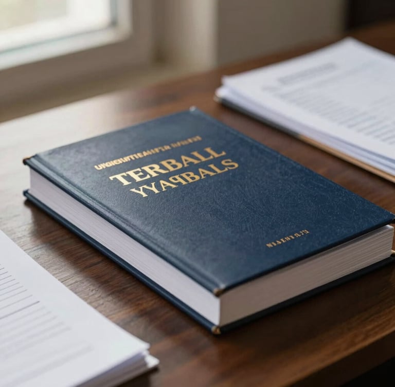 Professional close-up of Egyptian tax law books and physical ledgers on a dark wooden desk, soft directional window light, deep navy tones, shallow depth of field, 50mm