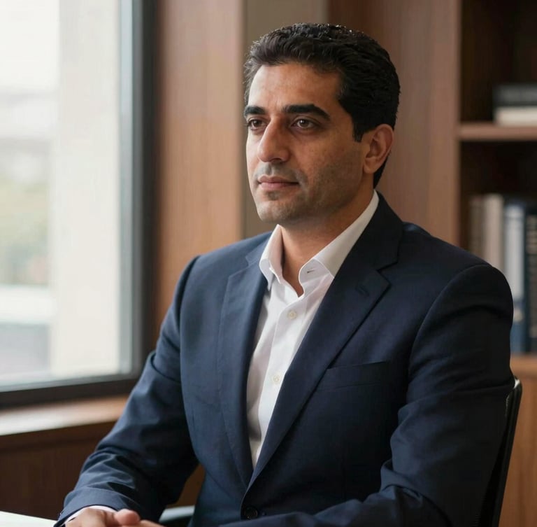 A professional portrait of CPA Hany Zakaria in a structured office setting, warm directional window light, deep navy suit, thoughtful expression, shallow depth of field, editorial style