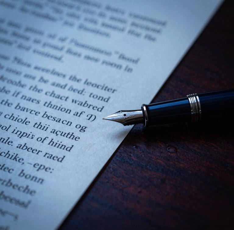 Macro close-up of a luxury fountain pen signing a critical constitutional document on a dark mahogany desk, dramatic side lighting, deep cobalt tones