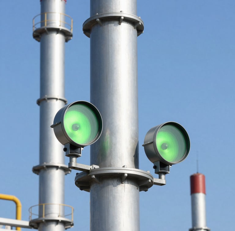 Industrial facility with clean blue sky, high-tech emission sensors mounted on a tall chimney stack, sharp studio lighting, cool metallic tones, macro lens, high detail