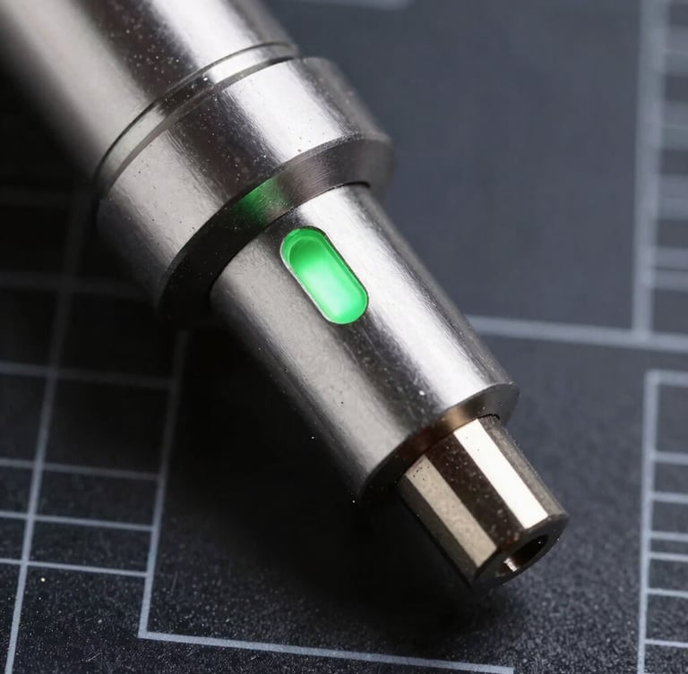 Macro shot of a high-precision metal industrial gas sensor probe, sharp studio lighting, cool metallic tones, neon green status LED glowing, dark background, technical schematic lines faintly visible.