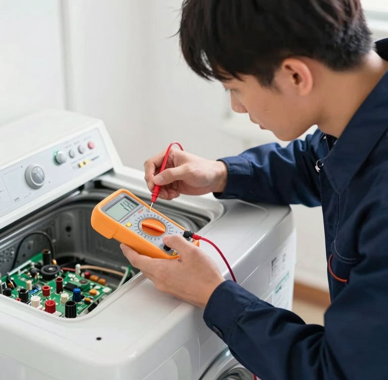 A professional technician in a clean navy blue uniform using a digital multimeter to test a washing machine control board, bright natural light, shallow depth of field
