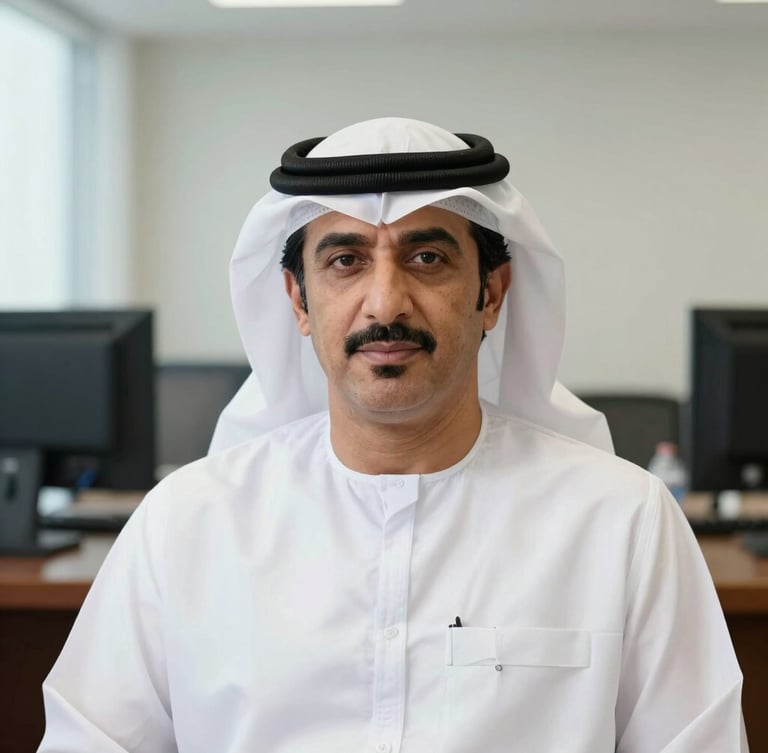 Portrait of Saif Abdullah Al Mazrouei in a professional office setting, clean documentary photography, bright natural daylight, crisp details