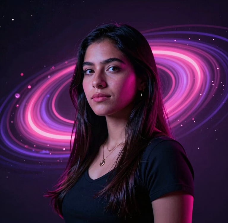 Portrait of a young Mexican female founder with dramatic cosmic neon lighting in pink and violet, dark background, cinematic, 35mm